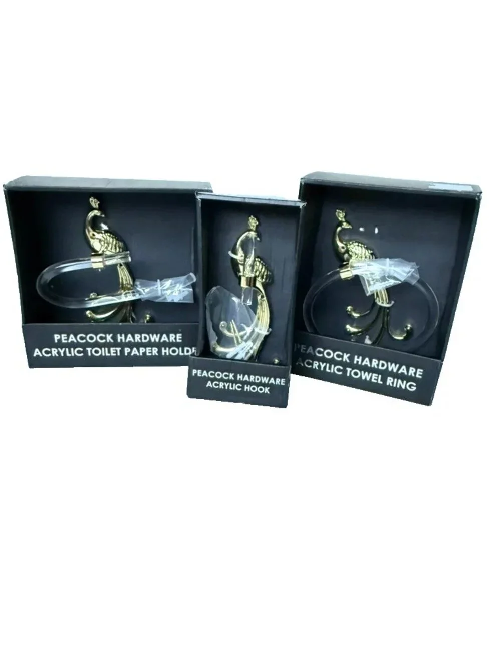 Peacock Hardware Acrylic Bathroom Set Towel Ring Hook Toilet Paper Holder NEW